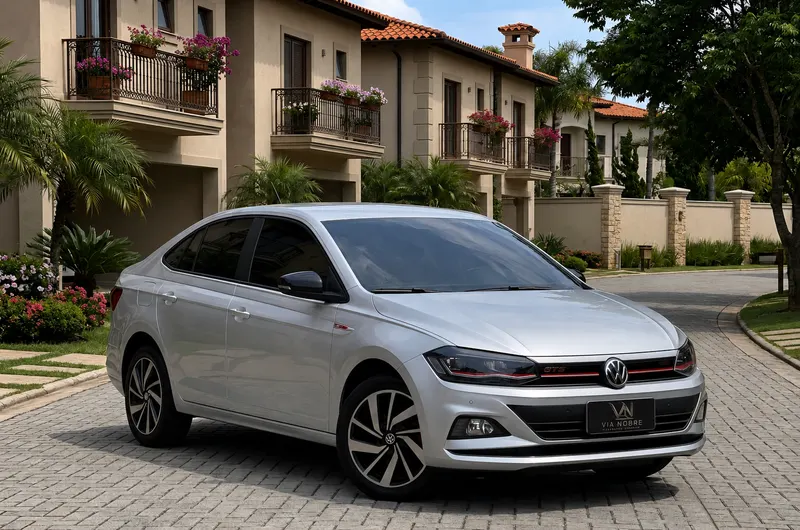 Volkswagen Virtus da frota Via Nobre estacionado em condomínio na Zona Sul do Rio de Janeiro